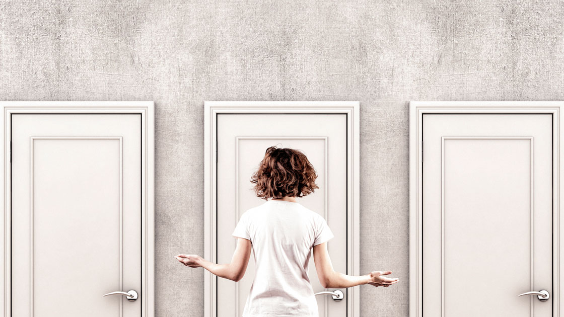woman choosing which door