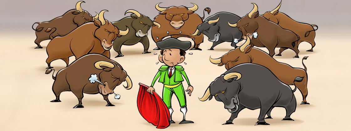 Drawing of Matador surrounded by bulls
