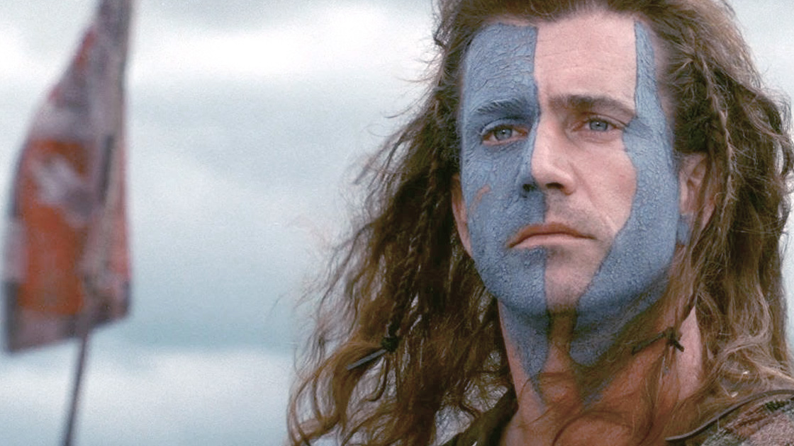 Close-up photo of Mel Gibson's face from set of Braveheart movie