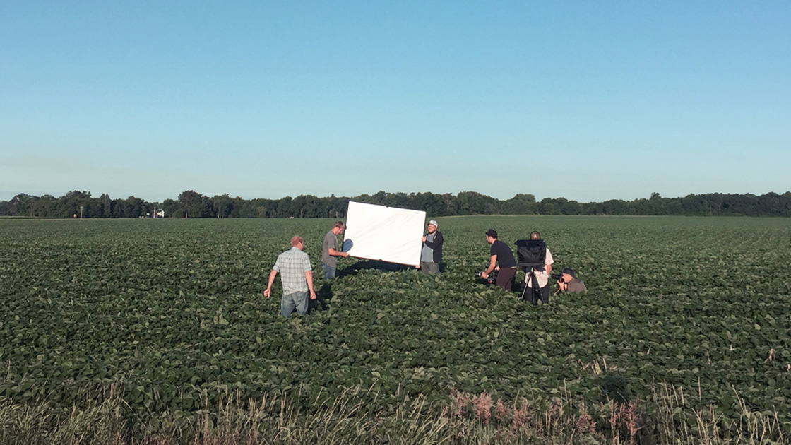 Behind the scenes view of ag photoshoot in soybean field