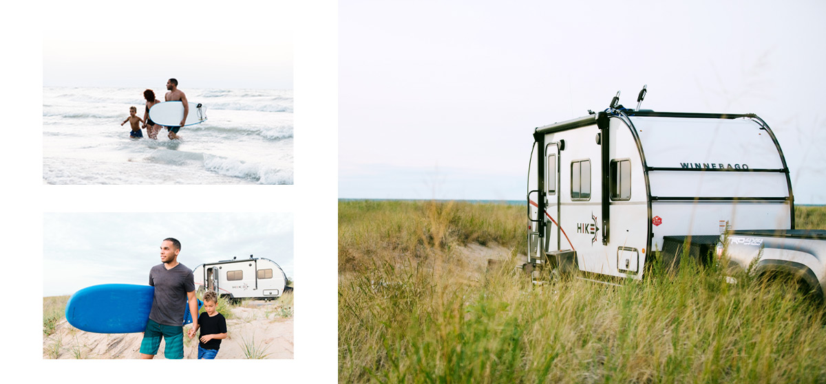 Collage of three photos showcasing the RV lifestyle with a Winnebago towable