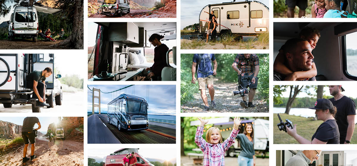 Collage of 14 photos centered around the RV lifestyle