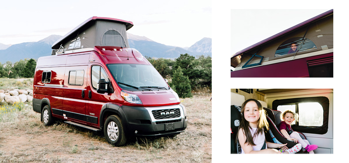 Three lifestyle photos of a Winnebago b-class van: 1) exterior of vehicle shown with mountainous landscape in background, 2) pop-up roof with young boy looking out, 3) a brother and sister shown sitting in side-by-side carseats inside RV