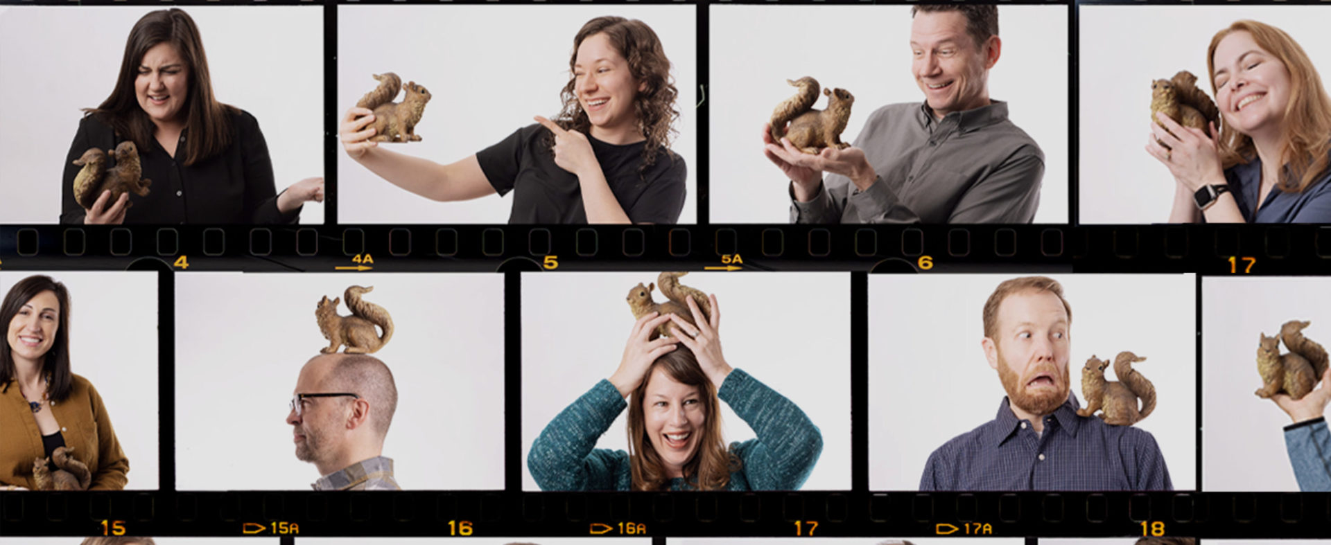 collage of people with squirrel figurines