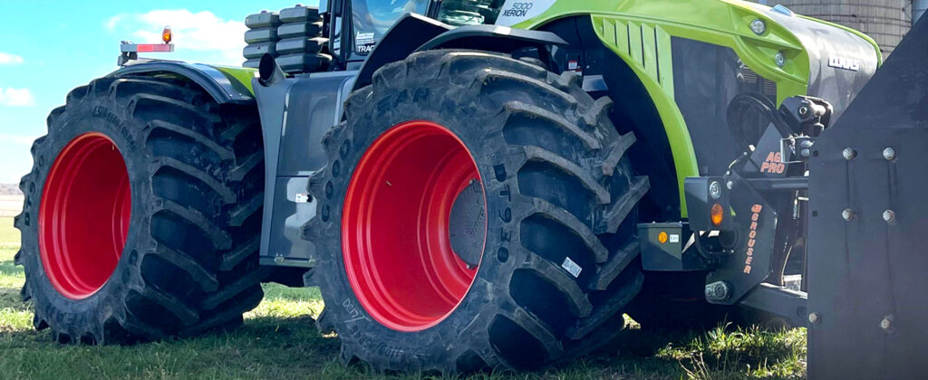 close up of Goodyear tires on a Titan tractor