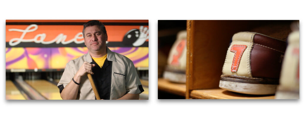 Man standing in front of bowling lanes and a close up shot of bowling shoes