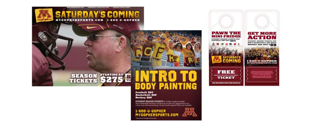 U of M "saturday's coming" landing page, door hangers, and print ad