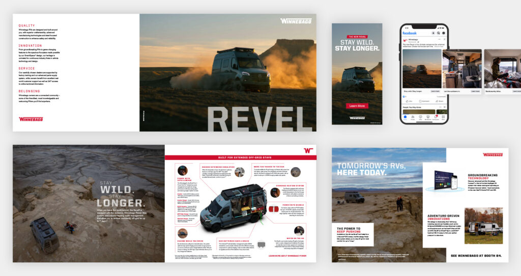 Winnebago Revel brochure mockup and mockup of facebook carousel post